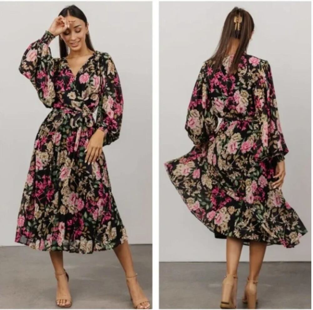 Baltic Born Black Floral Midi Dress with Pink & Cream Flowers